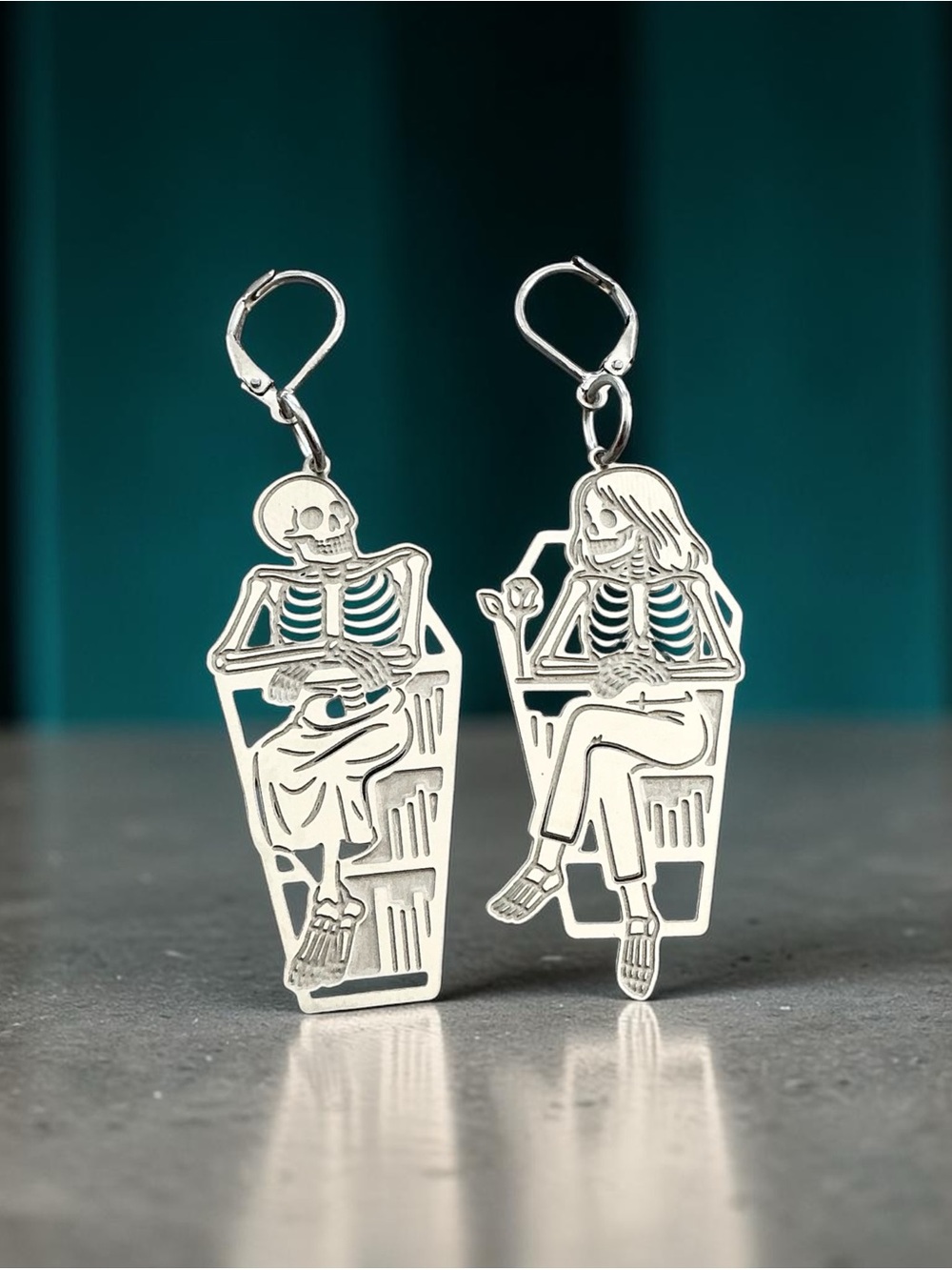 š Skeletons having a Conversation in a Library Dangle Earrings